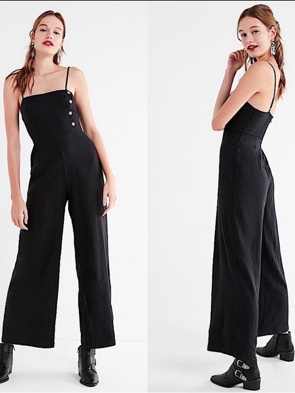 Urban Outfitters Black Wide-Leg Linen-Blend Jumpsuit - Picture 1 of 8